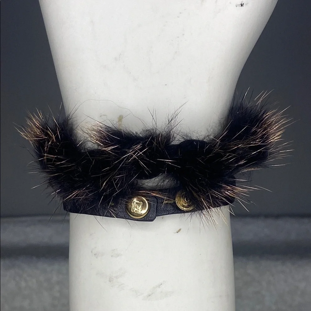 Fendi Selleria Double Wrap Brown Leather Bracelet with Fur Accents (13.5in)